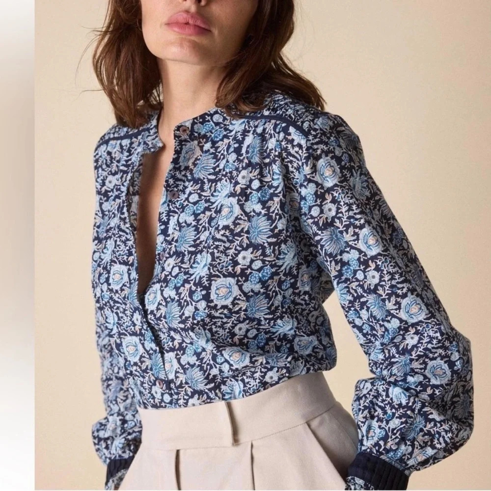 St. Roche Sanborn Floral Long Sleeve Blouse Navy 4 NWT Classic Spring Feminine